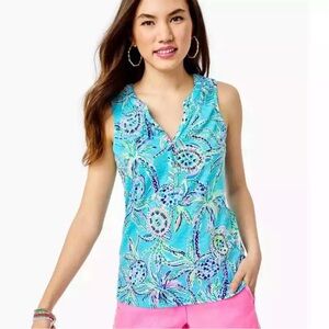 Lilly Pulitzer Essie Top Bermuda Blue Sleeveless Cotton Jersey Sz Medium